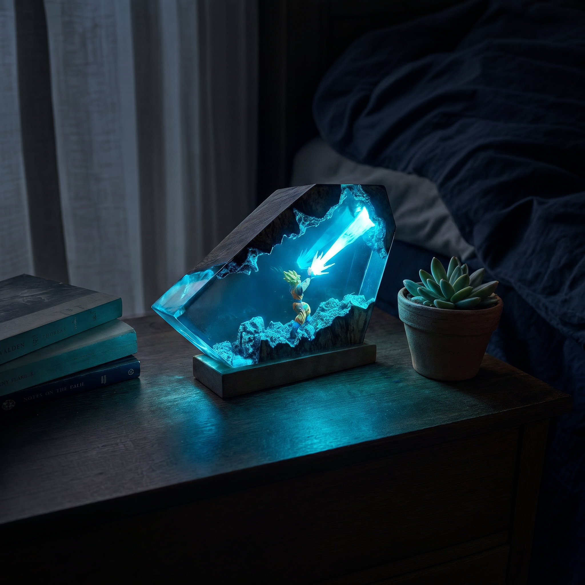 Super Saiyan Lamp at night, glowing